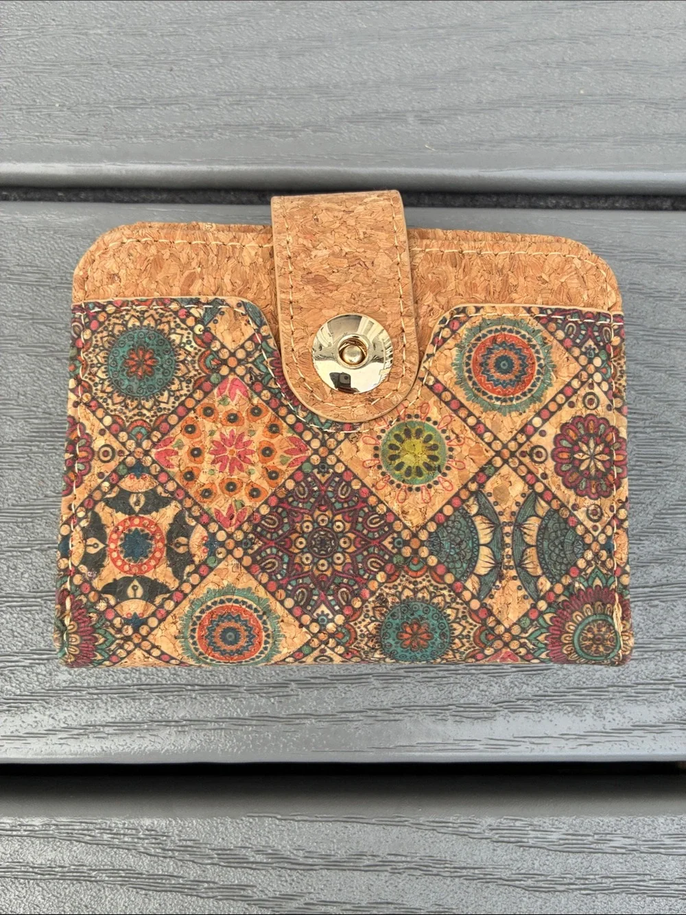 Cork Women’s Compact Boho Wallet Floral Mosaic Pattern Multicolor NWOT